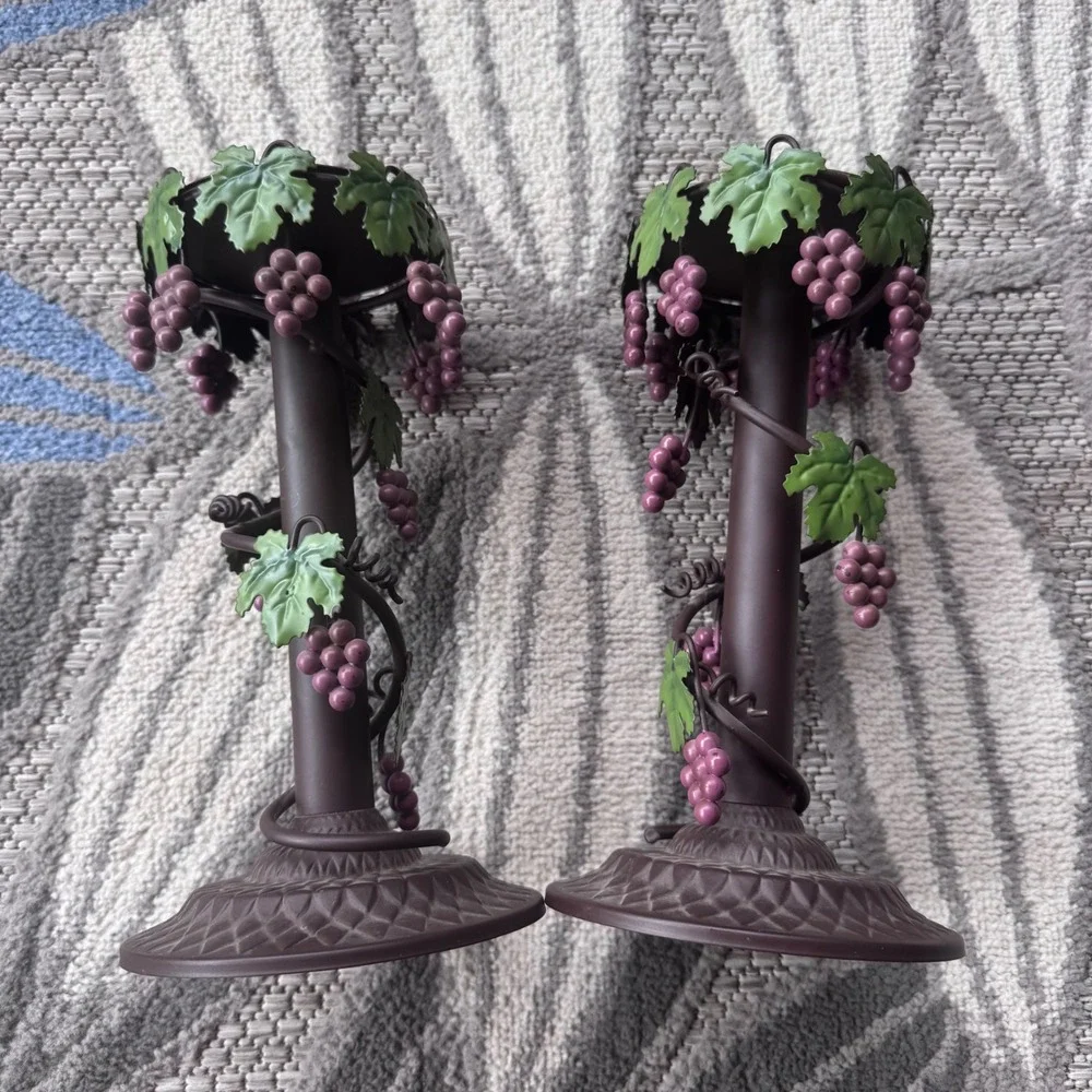 Vintage Metal Candle Stick Holders Grapes, Grape Vines, Vineyard 10